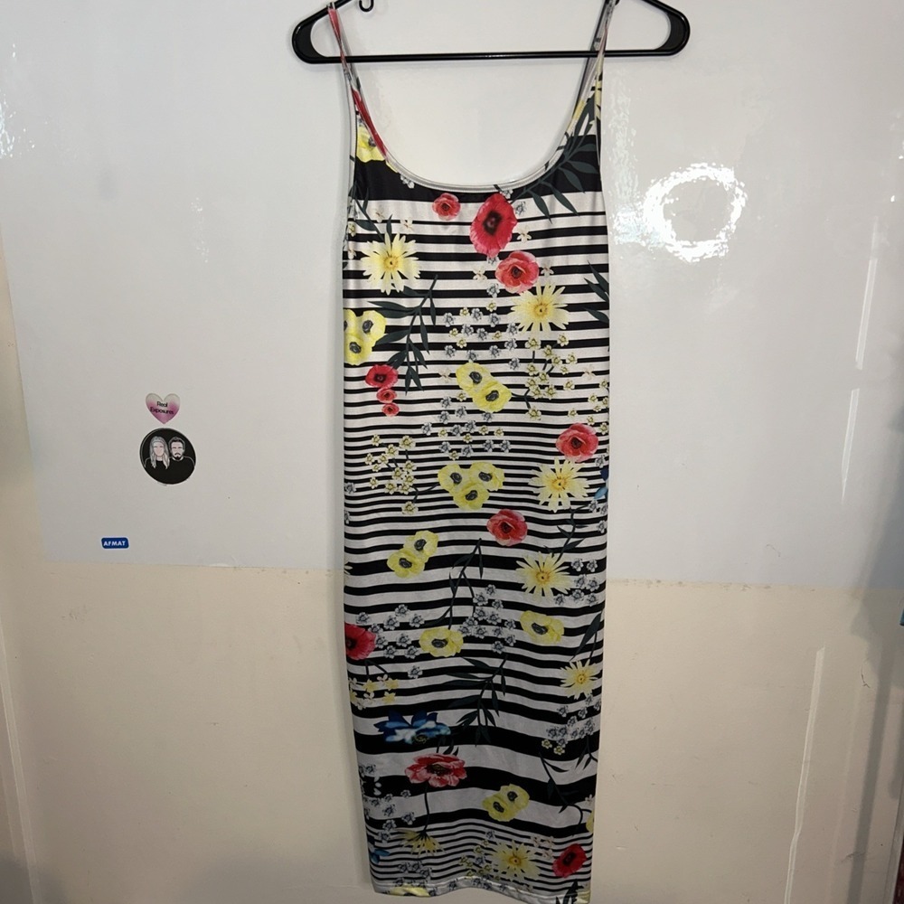 Black & White Striped Floral Tank Top Dress Size Large 100% Cotton‎